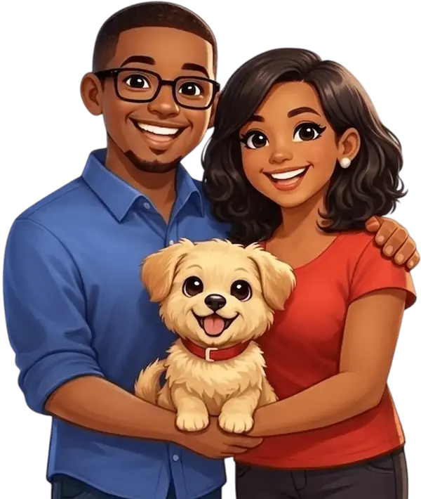 A close-up illustration of a smiling man and woman holding a small puppy.