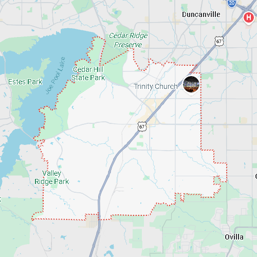 A map of Cedar Hill, Texas, featuring a red dotted boundary that outlines a service area including Cedar Hill State Park and Joe Pool Lake.