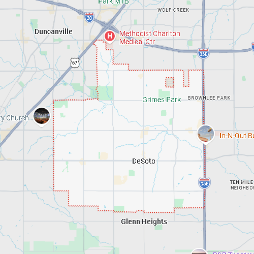 A map of DeSoto, Texas, featuring a red dotted boundary that outlines a service area including Grimes Park and the region near Methodist Charlton Medical Center.