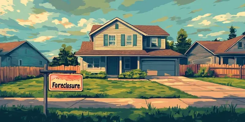llustration of a standard suburban house with a red "Forclosure" sign in the front lawn.