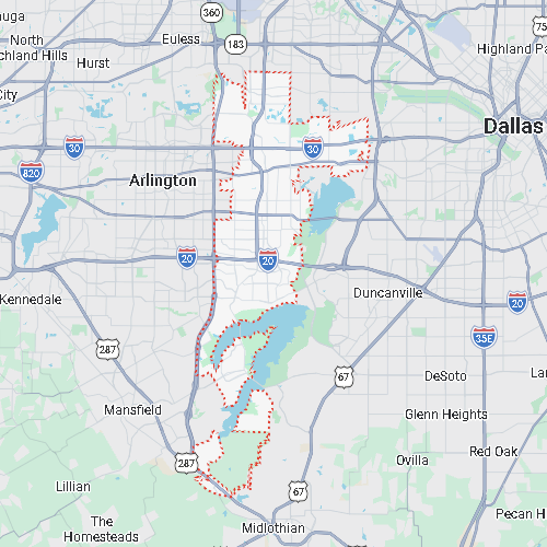 A map showing a red dotted boundary outlining a service area that stretches between Arlington and Dallas, encompassing portions of Grand Prairie and Joe Pool Lake.