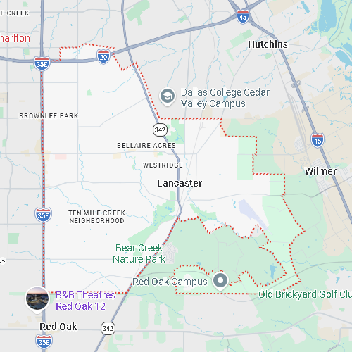 A map of Lancaster, Texas, featuring a red dotted boundary that outlines a service area including Bear Creek Nature Park and the Red Oak Campus.