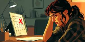 Illustration of a woman sitting at a desk with her head in her hands, looking stressed while at a computer.