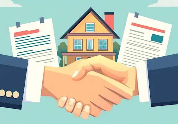Illustration of two hands shaking in front of a house flanked by two legal documents.