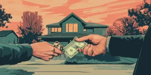 Illustration of hands exchanging a stack of cash for a set of house keys in front of a home.