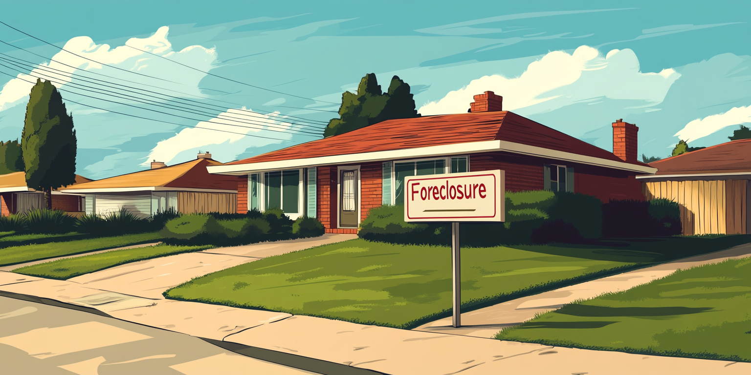 llustration of a red ranch-style house with a small "Forclosure" sign on the front lawn.