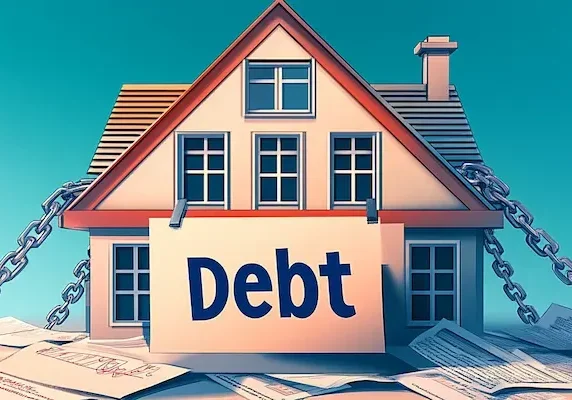 Illustration of a house wrapped in heavy metal chains with a sign hanging on them that says "Debt".