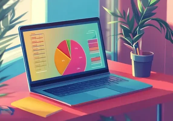 Illustration of a laptop displaying colorful market charts and data graphs next to a potted plant.