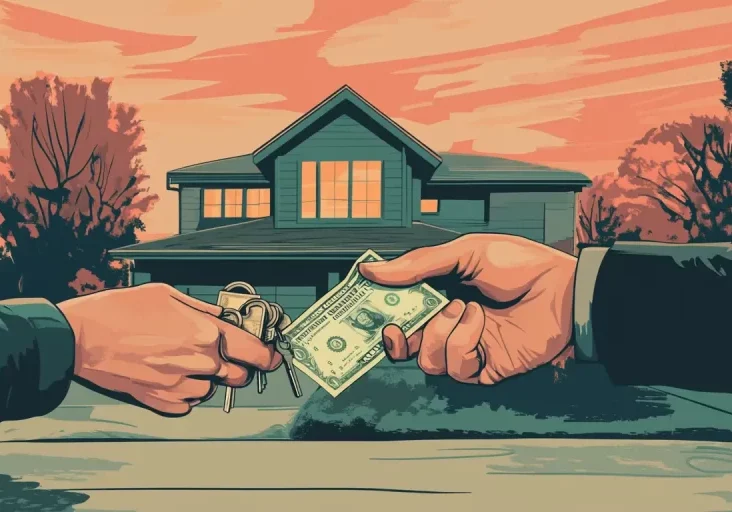 Illustration of a hand giving a set of house keys in exchange for a stack of dollar bills.