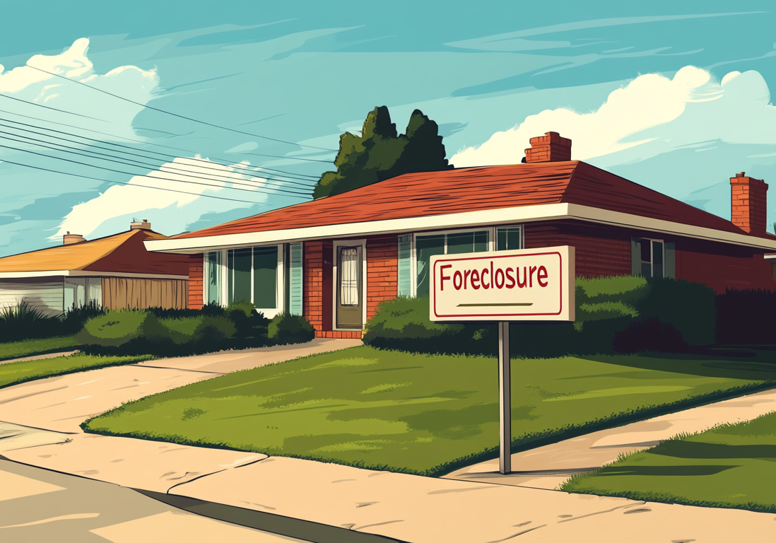 llustration of a red ranch-style house with a small "Forclosure" sign on the front lawn.