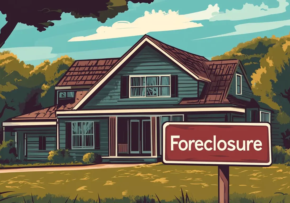 Illustration of a house with a red sign in the front yard that says "Foreclosure".
