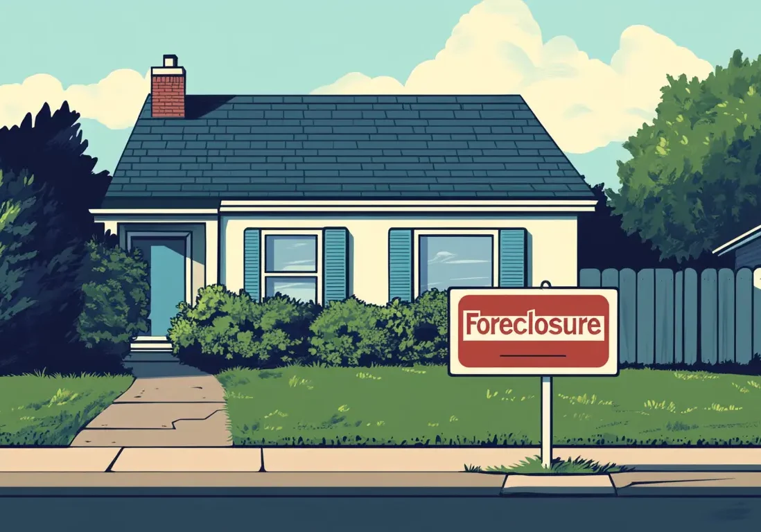 Illustration of a small blue cottage-style house with a red "Foreclosure" sign in the yard.