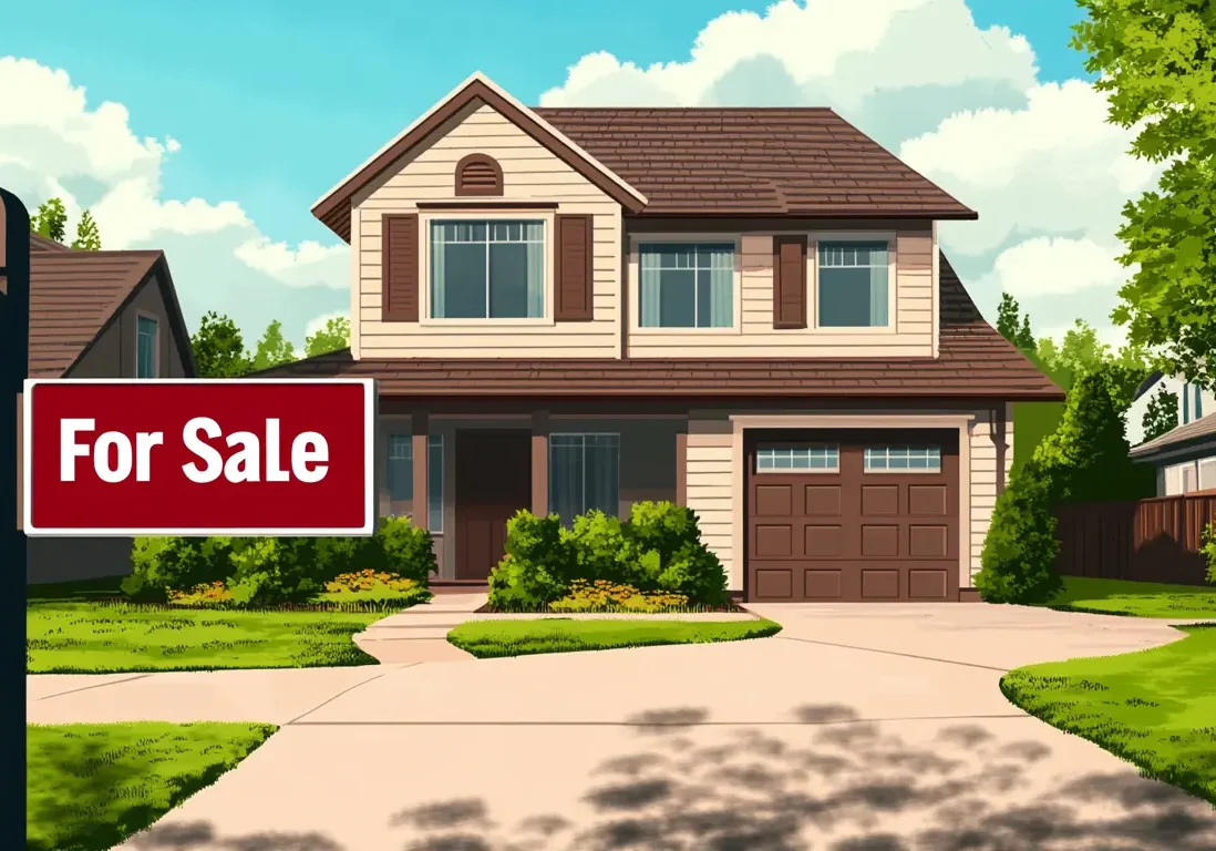 Illustration of a two-story suburban home with a red "For Sale" sign prominently displayed in the yard.