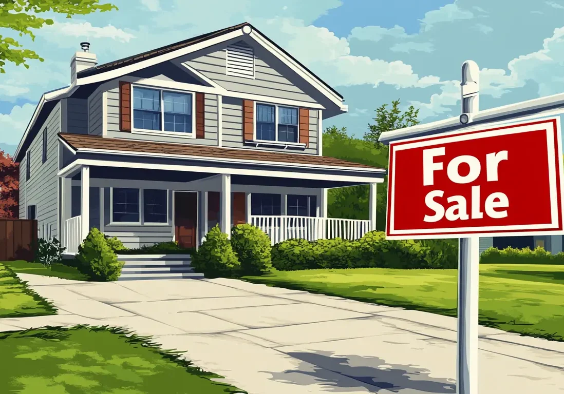 A blue suburban house with a red "For Sale" sign posted on the front lawn.