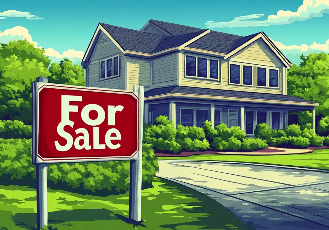 Illustration of a standard suburban house with a red "For Sale" sign in the lawn.