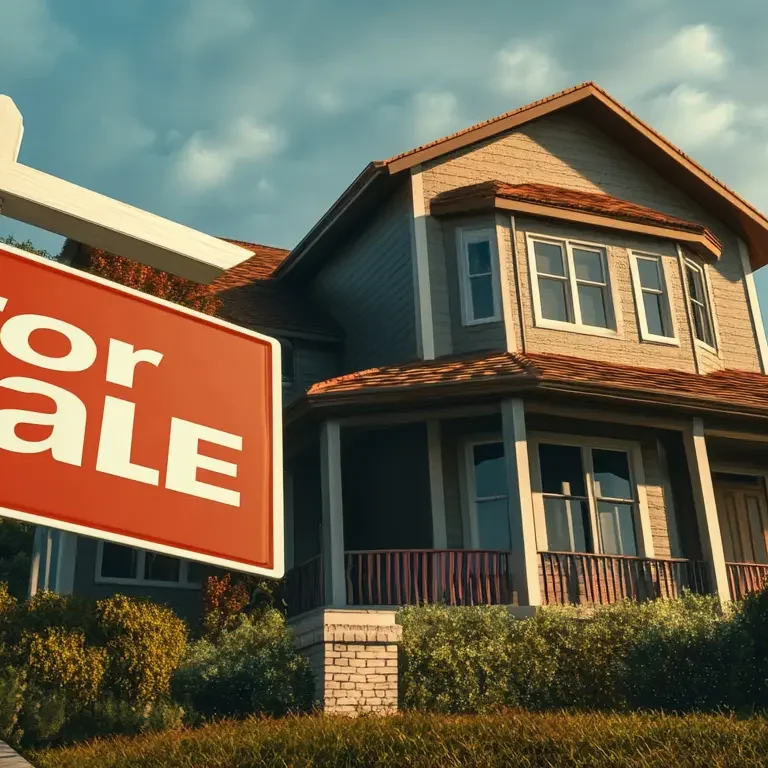 Illustration of a ranch-style home with a red "For Sale" sign visible from an angle.
