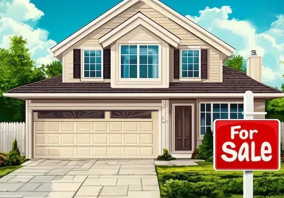 Illustration of a standard suburban house with a red "For Sale" sign in the front lawn.