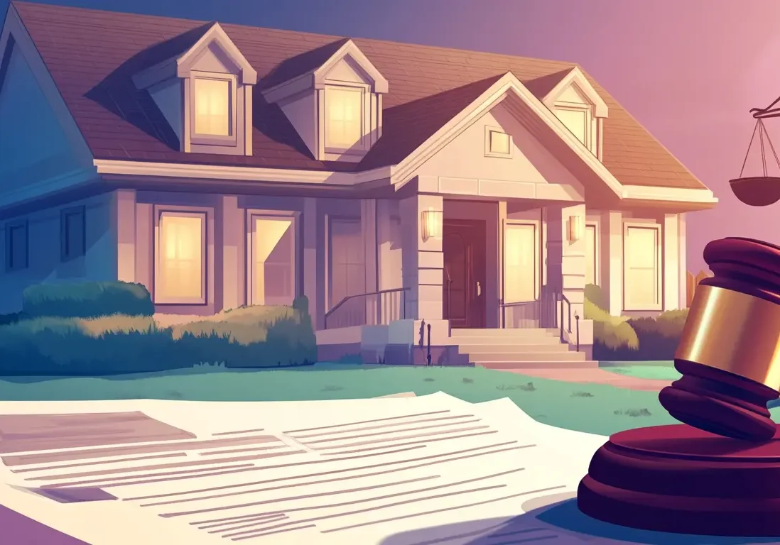 Illustration of legal documents and a gavel in front of a house silhouette under a dark sky.