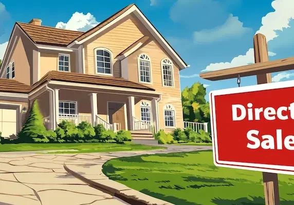 Illustration of a house with a large red sign in the foreground labeled "Direct Sale".